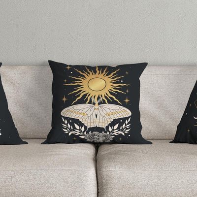 Kit Trio De Almofadas Cheias Fases Da Lua Estampadas Em Veludo Suede 45cm X 45cm Enchimento Em Refil Silicone Cor Preto