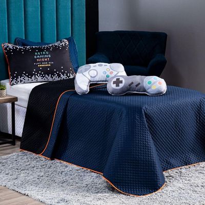 Kit Cobre Leito Colcha Queen Retro Game Controle Azul Marinho/preto Dupla Face Com Almofadas Estampadas 07 Peças