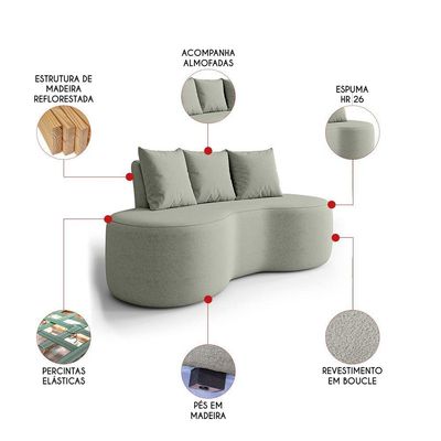 Sofá 2 Lugares Orgânico 160cm Com Almofadas Benin Bouclê Menta B03 - D'rossi
