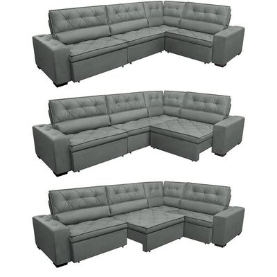 Sofa De Canto Retrátil E Reclinável De Molas Cama Inbox Austin 3,45x2,44 Ou 2,44x3,45 Velusoft Cinza