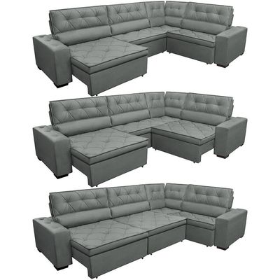 Sofa De Canto Retrátil E Reclinável De Molas Cama Inbox Austin 3,45x2,44 Ou 2,44x3,45 Velusoft Cinza