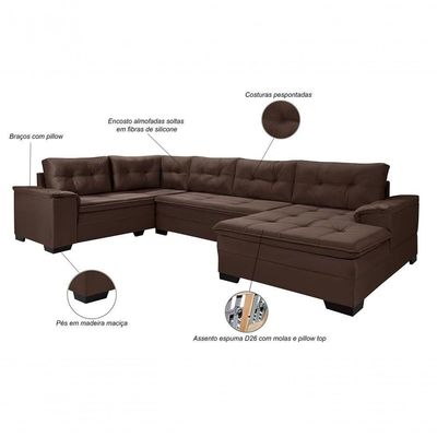 Sofá Viena 3 Lugares Com Chaise E Canto Premium Império Marrom Marrom 379