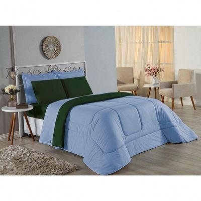 Edredom King Nobre 1 Peça Dupla Face 2,50m X 2,90m Malha 100% Algodão - Azul-bebê / Verde-bandeira