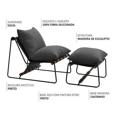Kit Poltrona Com Puff Turim Base Aço Preto Recouro Black Poliéster Cinza - Nexta Casa
