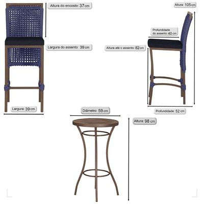 Mesa Bistro E 2 Banquetas Roma Marrom Corda Náutica 12 Azul