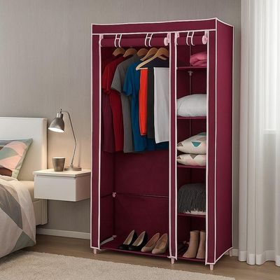 Guarda Roupa Portatil Duplo Cabideiro Arara 4 Prateleiras Sapateira Organizador Desmontavel Viagem Praia Vermelho