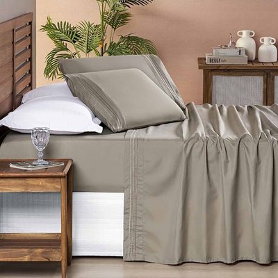Jogo de Lençol Aria Solteiro 3 Peças MicroPercal 200 Fios Suave Detalhe Bordado - Taupe Bege