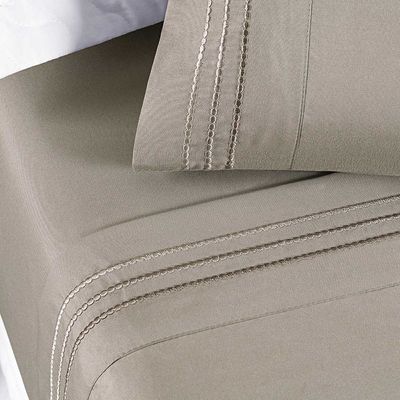 Jogo de Lençol Aria Solteiro 3 Peças MicroPercal 200 Fios Suave Detalhe Bordado - Taupe Bege