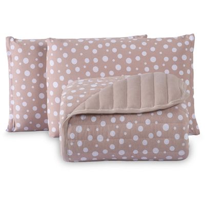Kit Cobre Leito Colcha Polly Queen 3 Peças Malha 100% Algodão Estampa Bolinhas - Bege