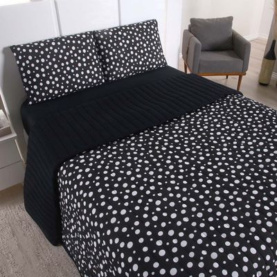 Kit Cobre Leito Colcha Polly King 3 Peças Malha 100% Algodão Estampa Bolinhas - Preto