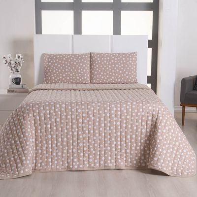 Kit Cobre Leito Colcha Polly Queen 3 Peças Malha 100% Algodão Estampa Bolinhas - Bege