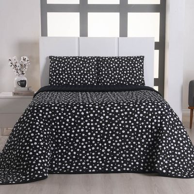 Kit Cobre Leito Colcha Polly King 3 Peças Malha 100% Algodão Estampa Bolinhas - Preto