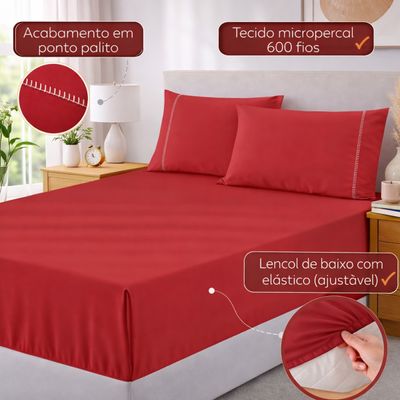 Jogo de Lençol Casal Padrão Premium Soft 600 Fios Micropercal Vermelho Ponto Palito Toque Macio 3 Peças