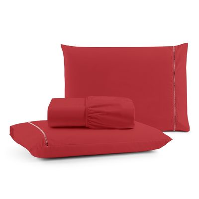 Jogo de Lençol Casal Padrão Premium Soft 600 Fios Micropercal Vermelho Ponto Palito Toque Macio 3 Peças