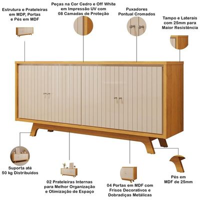 Aparador Buffet Para Sala De Jantar 4 Portas 180cm Junia D05 Cedro Off White - Lyam Decor