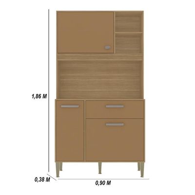 Armário De Cozinha Compacto Zen 3 Portas 1 Gaveta Com Nicho Decorativo 0,90m - Freijó/caramelo