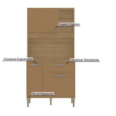 Armário De Cozinha Compacto Zen 3 Portas 1 Gaveta Com Nicho Decorativo 0,90m - Freijó/caramelo