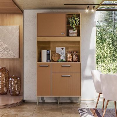 Armário De Cozinha Compacto Zen 3 Portas 1 Gaveta Com Nicho Decorativo 0,90m - Freijó/caramelo