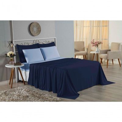 Jogo De Cama Casal Nobre 4 Peças Lençol Com Elástico De 30cm De Altura Malha 100% Algodão - Azul-marinho / Azul-bebê