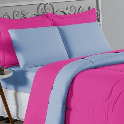 Kit Edredom Dupla Face + Jogo De Lençol Casal Viúva Nobre 6 Peças Malha 100% Algodão - Pink / Azul-bebê