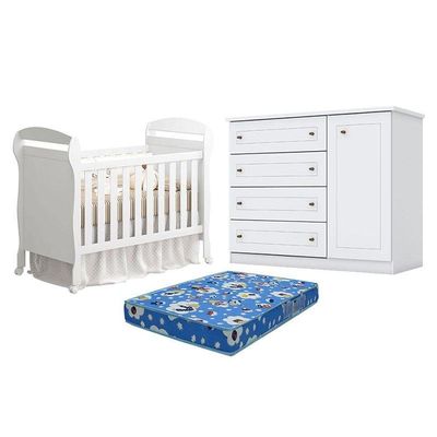 Berço Americano Danny Branco Acetinado Reller E Cômoda Infantil Americano Branco Hp E Colchão Ortobom - Henn.