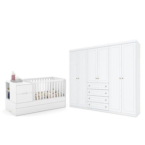 Berço Americano Multifuncional Formare Branco Acetinado - Matic E Guarda Roupa Casal Americano 6 Portas Branco Hp - Henn