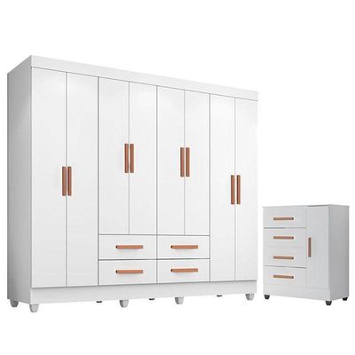 Guarda Roupa Casal Porto Com Cômoda Lite 4 Gavetas 01 Porta Branco Brilho - Móveis Leão