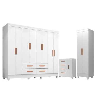 Guarda Roupa Casal Porto 8 Portas Com Cômoda 4 Gavetas E 1 Porta E Armário Multiuso Lite Branco Brilho  - Leão
