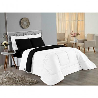 Kit Edredom Dupla Face + Jogo De Lençol Queen Nobre 6 Peças Malha 100% Algodão - Branco / Preto
