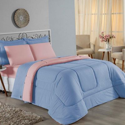 Kit Edredom Dupla Face + Jogo De Lençol King Nobre 7 Peças Malha 100% Algodão - Azul-bebê / Rosa-bebê