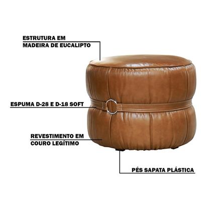Puff Decorativo Sala de Estar Rene Debrum Couro Marrom Claro - Gran Belo