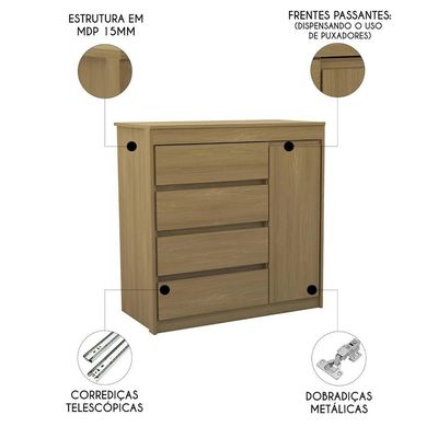Cômoda Quarto 93cm 4 Gavetas 1 Porta Samira Freijó L01 - Mpozenato