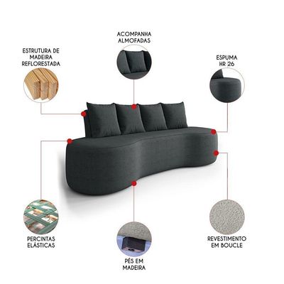 Sofá 3 Lugares Orgânico 210cm Com Almofadas Benin Bouclê B03 - D'rossi Preto