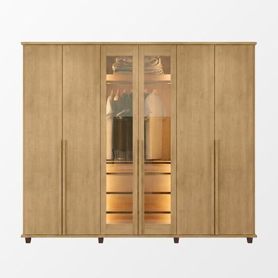 Guarda Roupa Belgica Reflecta 6 Portas Com Vidro 3 Gavetas Cabideiro Nichos Prateleiras - Cinamomo