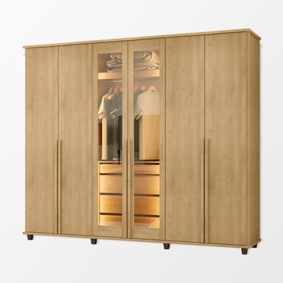 Guarda Roupa Belgica Reflecta 6 Portas Com Vidro 3 Gavetas Cabideiro Nichos Prateleiras - Cinamomo
