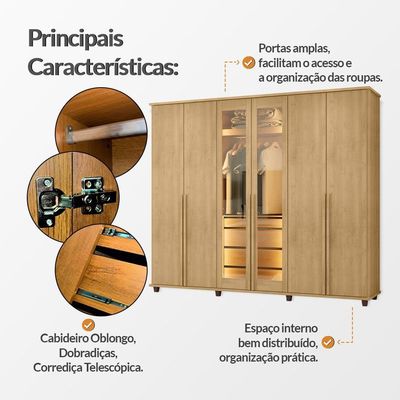 Guarda Roupa Belgica Reflecta 6 Portas Com Vidro 3 Gavetas Cabideiro Nichos Prateleiras - Cinamomo