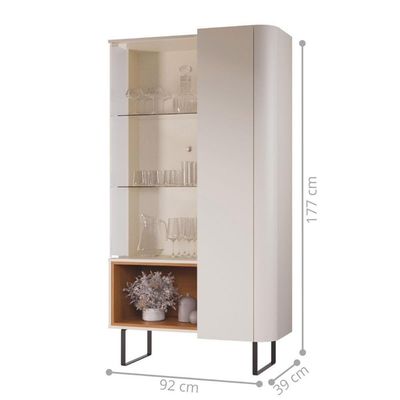 Cristaleira Moderna Com Prateleira De Vidro E Pés De Ferro Off White