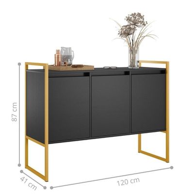 Aparador Buffet Industrial 3 Portas Sala De Estar Preto Dourado