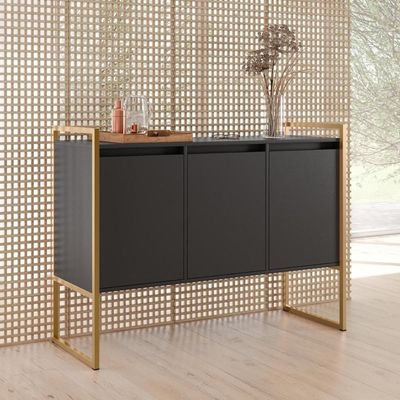 Aparador Buffet Industrial 3 Portas Sala De Estar Preto Dourado