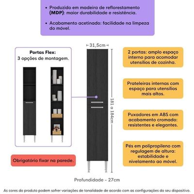 Paneleiro Armário De Cozinha 31,5cm 2 Portas Flex Pequim Multimóveis Mp2382 Preto