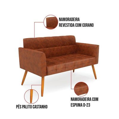 Kit 1 Sofá Namoradeira E 1 Poltrona Elisa Corano Nozes Pés Palito Castanho - D'rossi