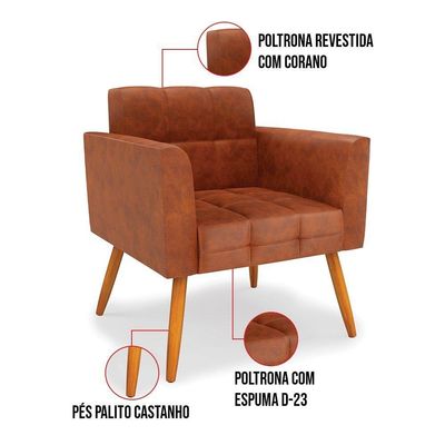 Kit 1 Sofá Namoradeira E 1 Poltrona Elisa Corano Nozes Pés Palito Castanho - D'rossi