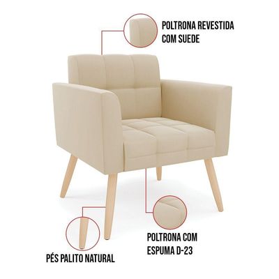 Kit 1 Sofá Namoradeira E 2 Poltronas Elisa Suede Pés Palito Natural - D'rossi Cor Bege