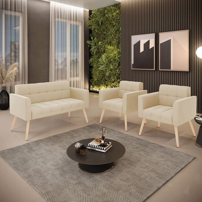 Kit 1 Sofá Namoradeira E 2 Poltronas Elisa Suede Pés Palito Natural - D'rossi Cor Bege