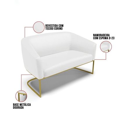 Sofá Namoradeira 2 Lugares Base Industrial Dourado Stella Corino D03 - D'rossi Cor Branco