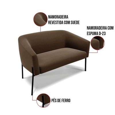 Sofá Namoradeira 2 Lugares Pé De Ferro Preto Stella Suede D03 - D'rossi Cor Marrom