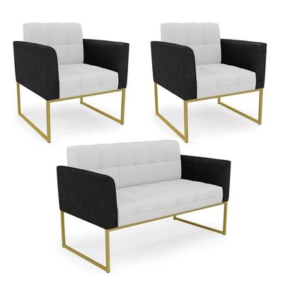 Sofá Namoradeira E 2 Poltronas Base Industrial Dourado Elisa Preto-linho Cinza A05 D03 - D'rossi