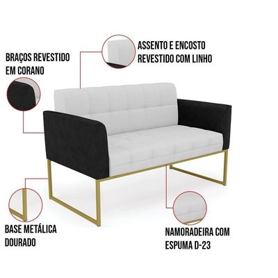 Sofá Namoradeira E 2 Poltronas Base Industrial Dourado Elisa Preto-linho Cinza A05 D03 - D'rossi