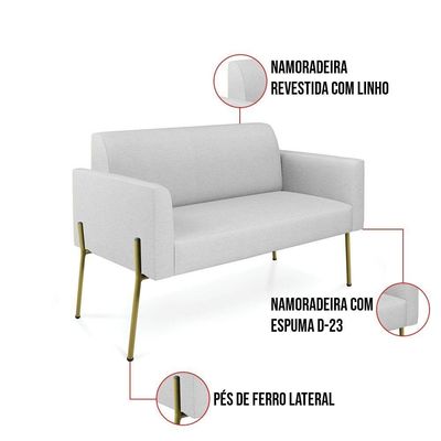 Sofá Namoradeira E Poltrona Pé De Ferro Dourado Marisa Linho Cinza D03