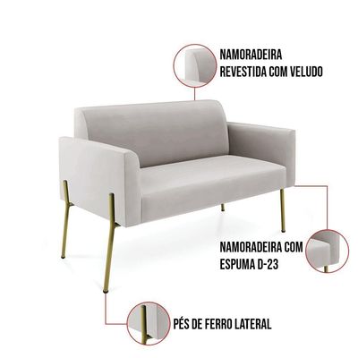 Sofá Namoradeira E Poltrona Pé De Ferro Dourado Salão Marisa Veludo D03 Cinza